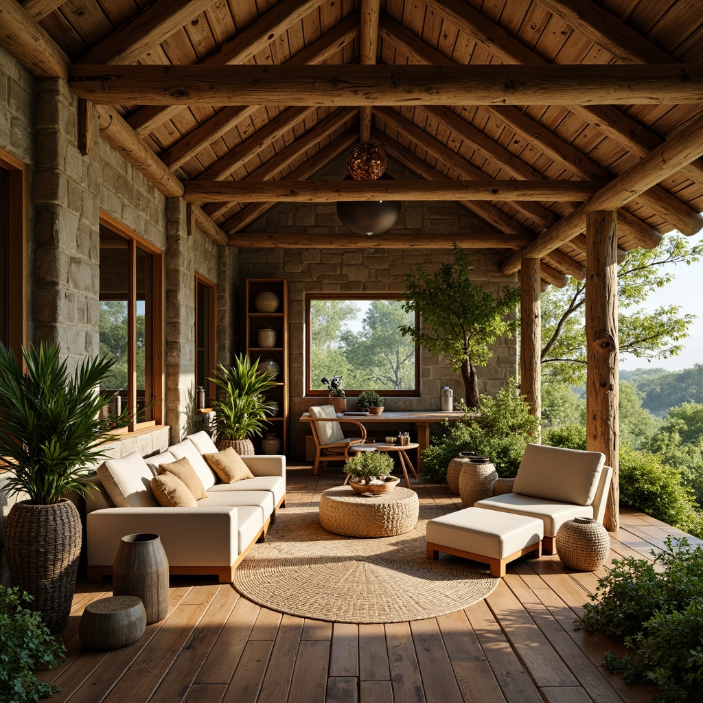 Prompt: Earth-toned cabin, natural wood accents, stone walls, reclaimed wooden beams, earthy scent, lush greenery, organic forms, woven textiles, jute rugs, bamboo furniture, rattan decorations, eco-friendly materials, sustainable design, warm soft lighting, cozy atmosphere, serene ambiance, 1/1 composition, realistic textures, ambient occlusion.