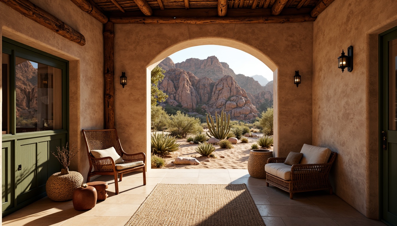 Prompt: Rugged canyon landscape, weathered rock formations, earthy tones, natural stone walls, rough-hewn wooden beams, distressed metal accents, sandy dunes, cactus plants, warm desert sunlight, deep shadows, dramatic lighting, high contrast ratio, cinematic composition, 1/2 camera angle, rustic door handles, worn leather textures, woven wicker furniture, organic shapes, earthy color palette, natural material emphasis, tactile experience, immersive atmosphere.