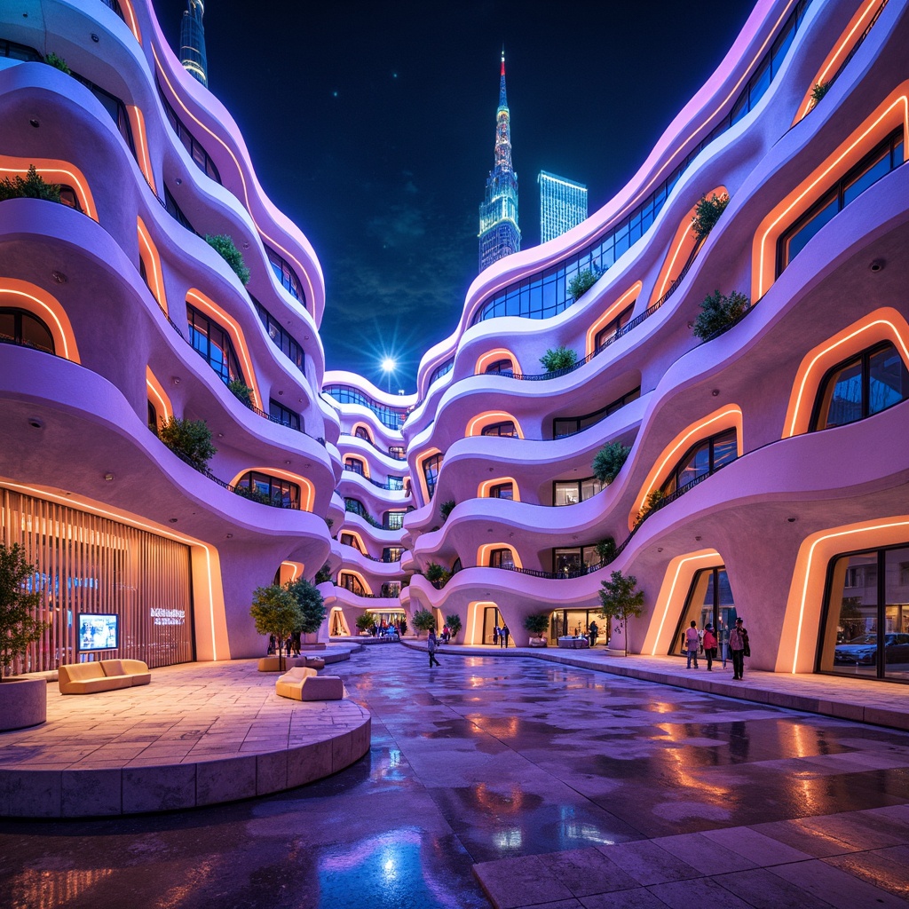 Prompt: Vibrant blob-shaped buildings, curvaceous lines, iridescent colors, glossy finishes, undulating walls, organic forms, futuristic architecture, neon lights, LED installations, abstract patterns, reflective surfaces, holographic effects, luminescent accents, playful shapes, whimsical designs, fantasy landscapes, dreamy atmospheres, surreal scenery, shallow depth of field, 1/1 composition, wide-angle lens, soft focus, cinematic lighting.