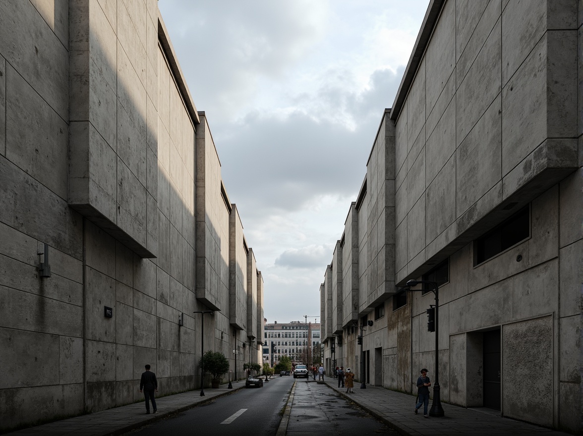 Prompt: Exposed concrete walls, rugged textures, monolithic forms, brutalist architecture, industrial aesthetic, functional minimalism, raw materiality, cold atmospheric lighting, dramatic shadows, bold geometric shapes, fortress-like structures, urban cityscape, overcast skies, diffused natural light, low-angle photography, 1/1 composition, high-contrast imagery, realistic renderings.