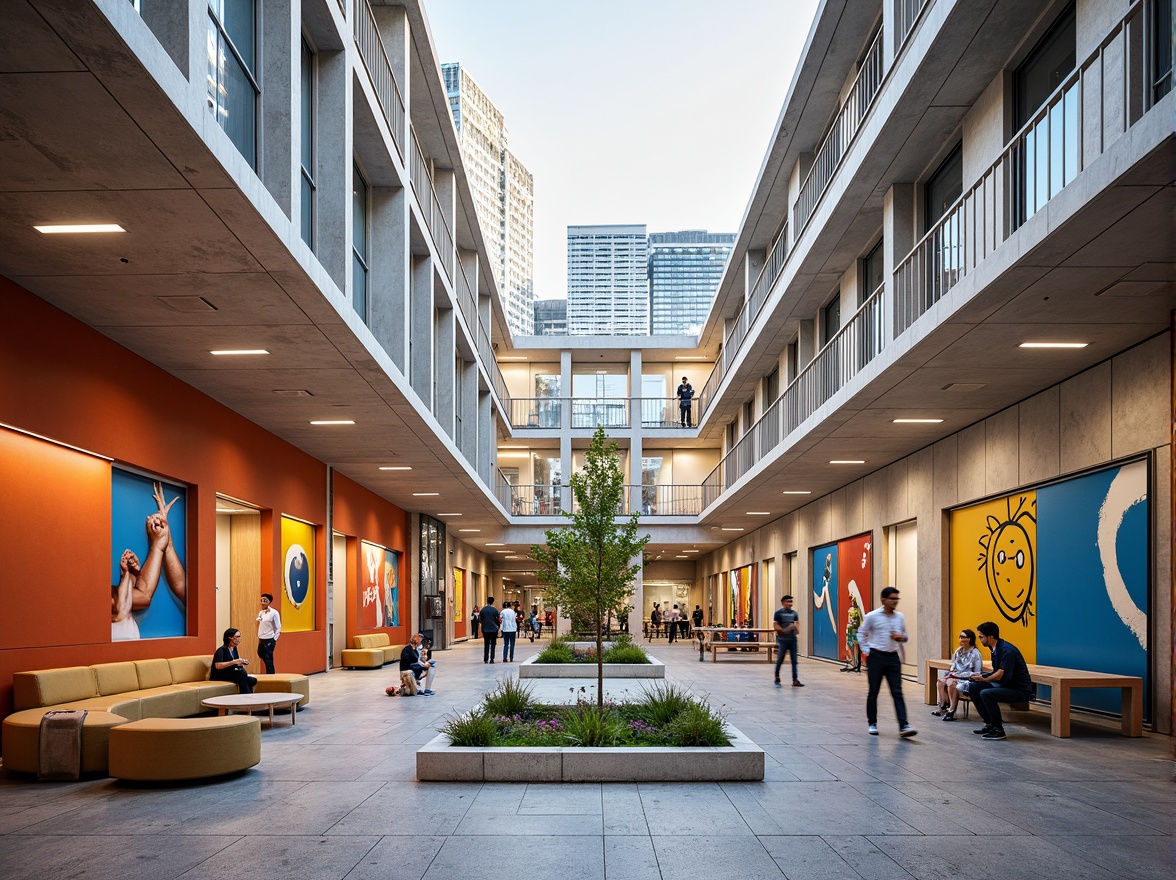 Prompt: Vibrant youth center, symmetrical facade, bold color scheme, abstract murals, minimalist furniture, sleek metal railings, polished concrete floors, natural stone walls, floor-to-ceiling windows, open-plan layout, communal seating areas, modern lighting fixtures, geometric patterns, energetic atmosphere, urban cityscape, sunny afternoon, shallow depth of field, 1/2 composition, realistic textures, ambient occlusion.