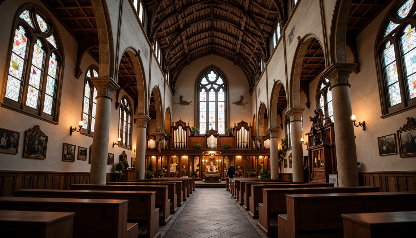 Prompt: Rustic stone church, stained glass windows, pointed arches, ribbed vaults, ornate wooden pews, candlelit aisles, frescoed ceilings, intricate carvings, gothic spires, grandiose pipe organs, solemn atmosphere, soft warm lighting, shallow depth of field, 3/4 composition, symmetrical framing, realistic textures, ambient occlusion.