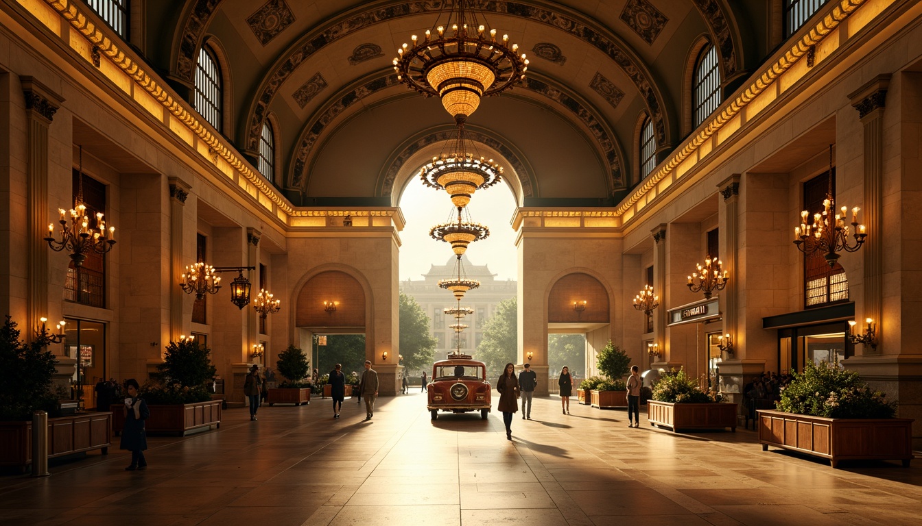 Prompt: Grandiose train station, ornate chandeliers, warm golden lighting, marble floors, high ceilings, intricate moldings, symmetrical architecture, majestic columns, elegant archways, vintage luggage carts, classic clock towers, soft warm glow, subtle shadows, 1/2 composition, dramatic spotlighting, realistic reflections, ambient occlusion.