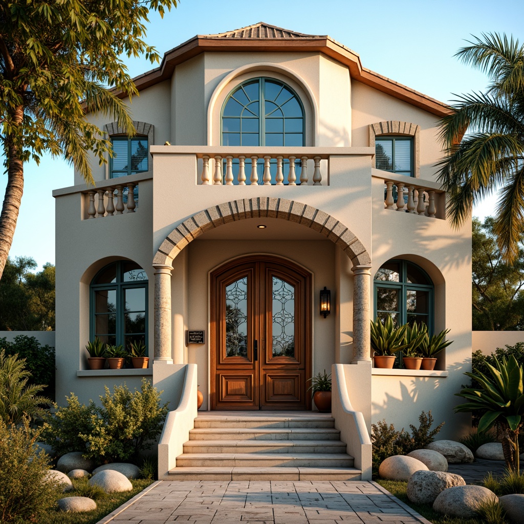 Prompt: Vibrant coastal villa, eclectic facade, ornate wooden doors, stained glass windows, intricately carved stonework, seaside-inspired color palette, ocean-blue shutters, sandy-beige walls, decorative ironwork, lush greenery, tropical plants, driftwood accents, natural stone foundations, curved lines, asymmetrical composition, warm golden lighting, soft ocean breeze, 1/1 aspect ratio, realistic textures, ambient occlusion.