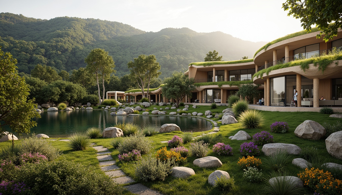 Prompt: Seamless landscape integration, harmonious architecture, lush green roofs, living walls, organic curves, natural stone facades, wooden accents, earthy color palette, serene water features, surrounding forests, rolling hills, meandering pathways, vibrant wildflowers, soft morning light, warm atmospheric glow, shallow depth of field, 1/2 composition, realistic textures, ambient occlusion.