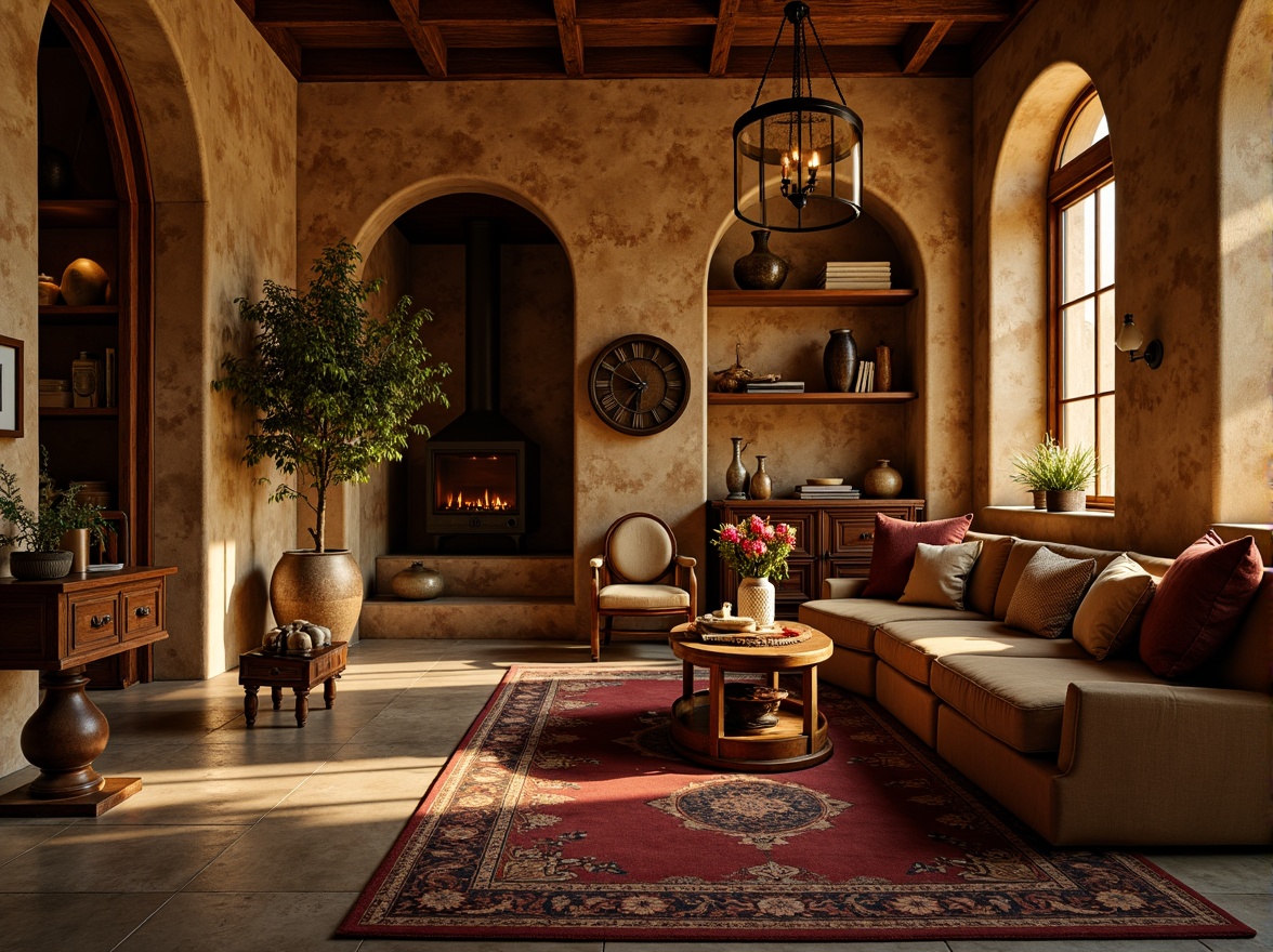 Prompt: Warm earthy tones, rich wooden accents, rustic stone walls, ornate metalwork, grand archways, cozy alcoves, soft warm lighting, golden brown hues, creamy whites, deep reds, warm beige, vintage distressed finishes, reclaimed wood textures, natural stone floors, plush velvet furnishings, luxurious leather armchairs, eclectic decorative accessories, richly patterned rugs, intimate atmospheric ambiance, romantic candlelight, 3/4 composition, shallow depth of field, realistic textures, ambient occlusion.