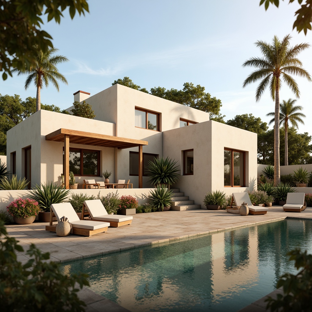 Prompt: Luxurious villa, Mediterranean style, warm beige exterior, cream-colored stucco walls, terracotta roof tiles, lush greenery surroundings, blooming flowers, tranquil pool area, natural stone patio, wooden accents, earthy tones, soft pastel hues, calming ambiance, warm golden lighting, shallow depth of field, 1/1 composition, realistic textures, ambient occlusion.