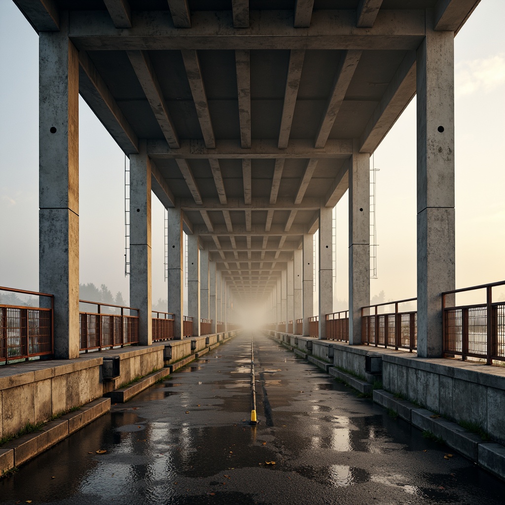 Prompt: Sturdy bridge structure, robust steel beams, weathered stone foundations, durable concrete pillars, suspended cable systems, gleaming metal railings, rust-resistant coatings, textured non-slip walkways, reinforced polymer composites, transparent glass barriers, cantilevered sections, asymmetrical designs, atmospheric misty mornings, soft golden lighting, 1/2 composition, dramatic low-angle view, realistic reflections, ambient occlusion.