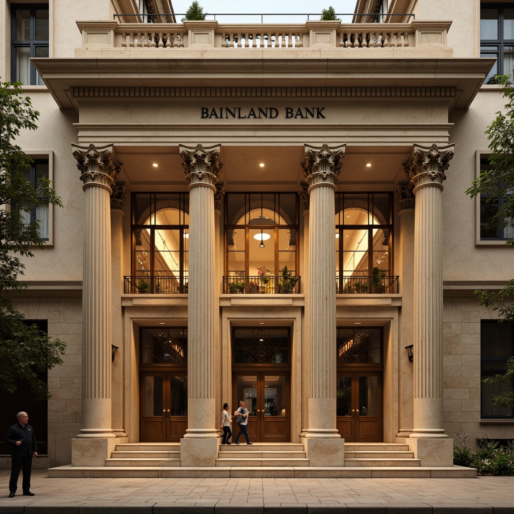 Prompt: Grandiose bank facade, Corinthian columns, ornate capitals, carved marble details, rusticated stone walls, symmetrical composition, majestic entrance, bronze doors, intricate moldings, vaulted ceilings, dramatic lighting, warm beige tones, subtle texture variations, shallow depth of field, 1/1 composition, realistic reflections, ambient occlusion.