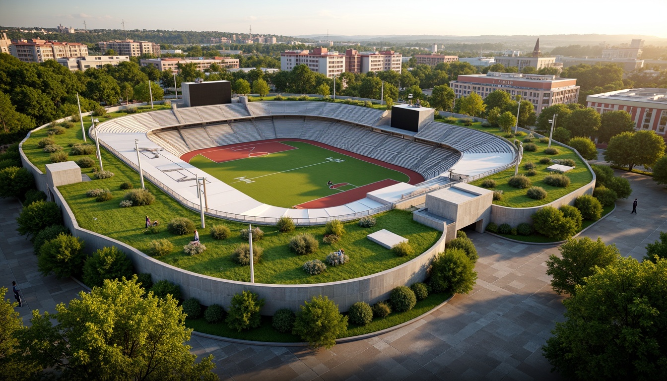 Prompt: Vibrant green roofs, lush vegetation, natural stone fa\u00e7ades, curved lines, flowing architecture, grand entrance gates, tiered seating areas, sports facilities, athletic tracks, football fields, soccer pitches, basketball courts, tennis courts, Olympic-sized swimming pools, modern lighting systems, floodlights, scoreboard displays, comfortable spectator seating, concession stands, food vendors, restrooms, VIP lounges, panoramic views, urban cityscape backdrop, sunny day, soft warm lighting, shallow depth of field, 3/4 composition, realistic textures, ambient occlusion.