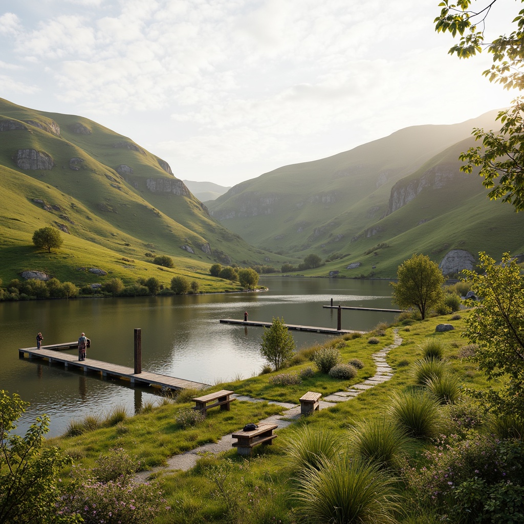 Prompt: Rolling hills, lush meadows, serene lakeside, wooden docks, rustic benches, natural stone pathways, curved lines, organic shapes, blending architecture, harmonious integration, eco-friendly materials, sustainable design, native vegetation, blooming wildflowers, warm sunlight, soft misty atmosphere, shallow depth of field, 3/4 composition, panoramic view, realistic textures, ambient occlusion.