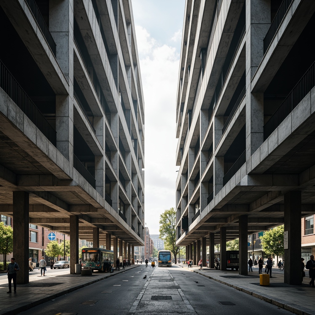 Prompt: Rugged bus station, exposed concrete structures, raw brutalist architecture, geometric shapes, fortress-like design, monumental scale, angular lines, industrial materials, steel beams, ribbed vaults, repetitive patterns, urban landscape, busy streets, morning commute, harsh lighting, high contrast, dramatic shadows, 1/1 composition, symmetrical view, gritty textures, ambient occlusion.