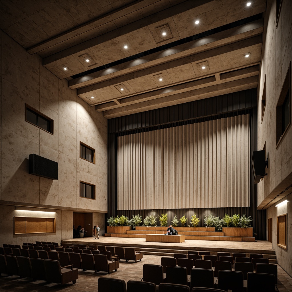 Prompt: Rugged brutalist auditorium, exposed concrete walls, raw industrial textures, angular architectural lines, minimalist decorative elements, bold geometric shapes, elevated stage platforms, strategically placed sound diffusers, acoustic paneling, optimized reverberation control, warm ambient lighting, dramatic spotlighting, 3/4 composition, shallow depth of field, realistic material renderings.