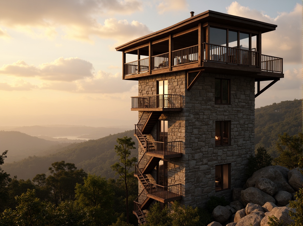 Prompt: Elevated watchtower, rugged stone foundation, wooden beam structure, panoramic windows, winding staircases, rusty metal railings, vintage binoculars, scenic lookout points, misty mountainous surroundings, lush green forests, dramatic sunsets, warm golden lighting, atmospheric fog, 3/4 composition, shallow depth of field, realistic textures, ambient occlusion.