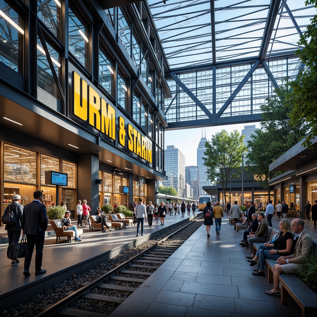 Prompt: Vibrant train station, modern architecture, sleek metal beams, glass roofs, industrial chic, urban landscape, cityscape, busy atmosphere, rush hour crowds, LED lighting, neon signs, bold typography, dynamic color scheme, blue and yellow accents, metallic silver tones, rich wood textures, polished concrete floors, geometric patterns, angular lines, futuristic vibe, high-tech amenities, comfortable waiting areas, natural stone walls, urban greenery, morning commute, warm sunny light, shallow depth of field, 1/1 composition, realistic renderings.