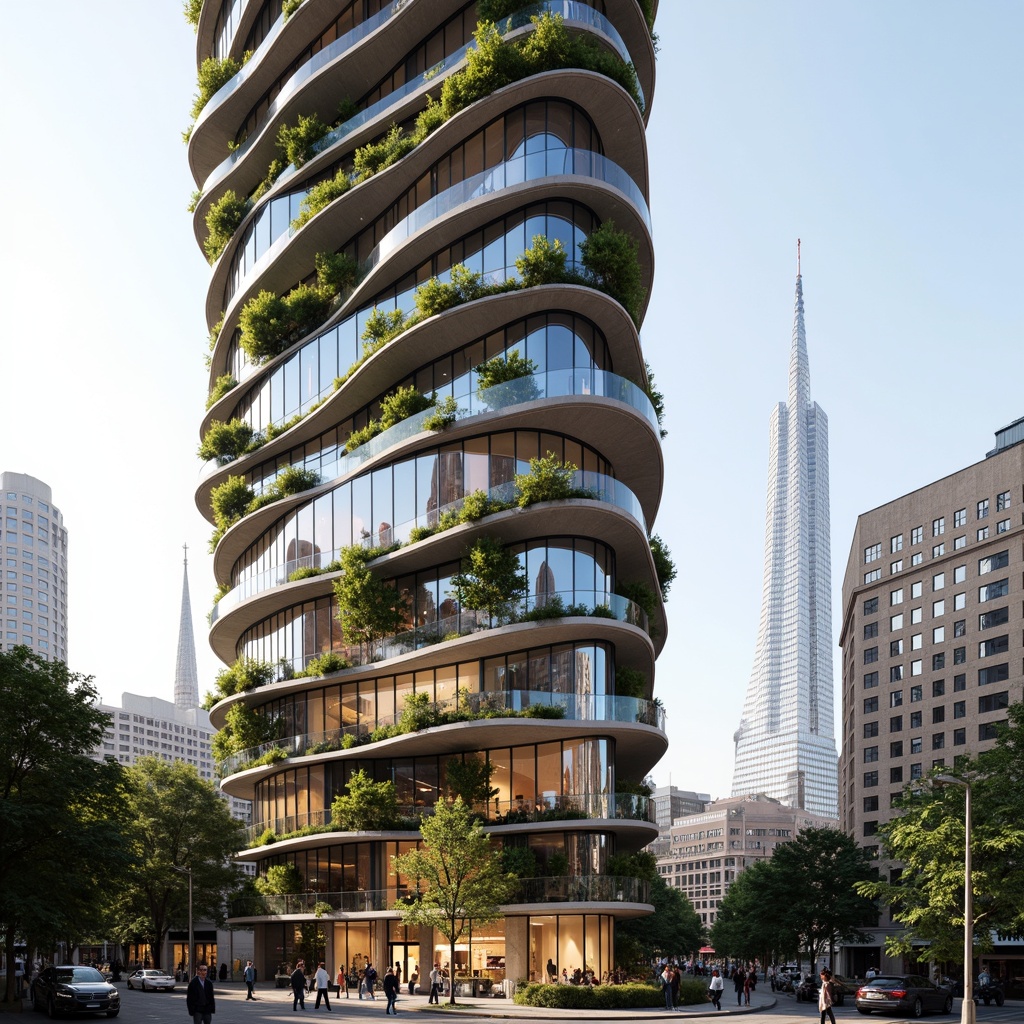 Prompt: Curved skyscraper, organic forms, natural stone fa\u00e7ade, green walls, living roofs, cantilevered balconies, wavy lines, futuristic architecture, sustainable energy systems, solar panels, wind turbines, water conservation systems, eco-friendly materials, innovative cooling technologies, shaded outdoor spaces, misting systems, vibrant colorful glazing, intricate geometric patterns, reflective glass surfaces, angular lines, minimalist design, modern skyscraper design, urban landscape, city skyline, busy streets, pedestrian traffic, morning light, soft warm glow, shallow depth of field, 3/4 composition, panoramic view, realistic textures, ambient occlusion.