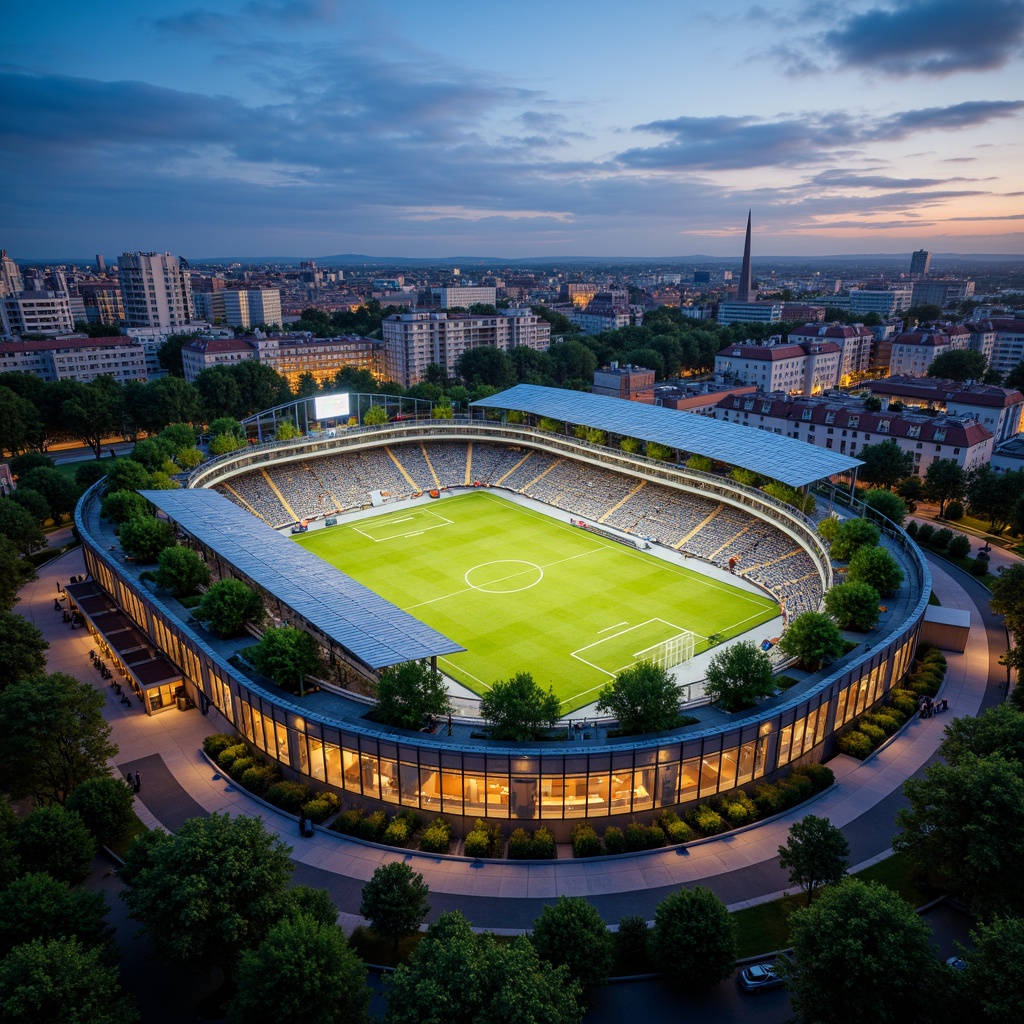 Prompt: Eco-friendly stadium, green roofs, solar panels, wind turbines, rainwater harvesting systems, recycled materials, natural ventilation systems, large windows, minimal shading devices, cantilevered structures, curved lines, dynamic architecture, urban landscape, vibrant city lights, evening atmosphere, warm ambient lighting, 1/1 composition, symmetrical view, realistic textures, subtle atmospheric effects.