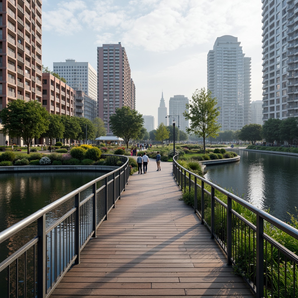 Prompt: Curved pedestrian bridge, sleek metal railings, wooden decking, lush greenery, vibrant flowers, natural stone piers, serene water reflections, urban cityscape, modern architecture, high-rise buildings, busy streets, dynamic lighting, misty morning atmosphere, shallow depth of field, 1/1 composition, panoramic view, realistic textures, ambient occlusion.