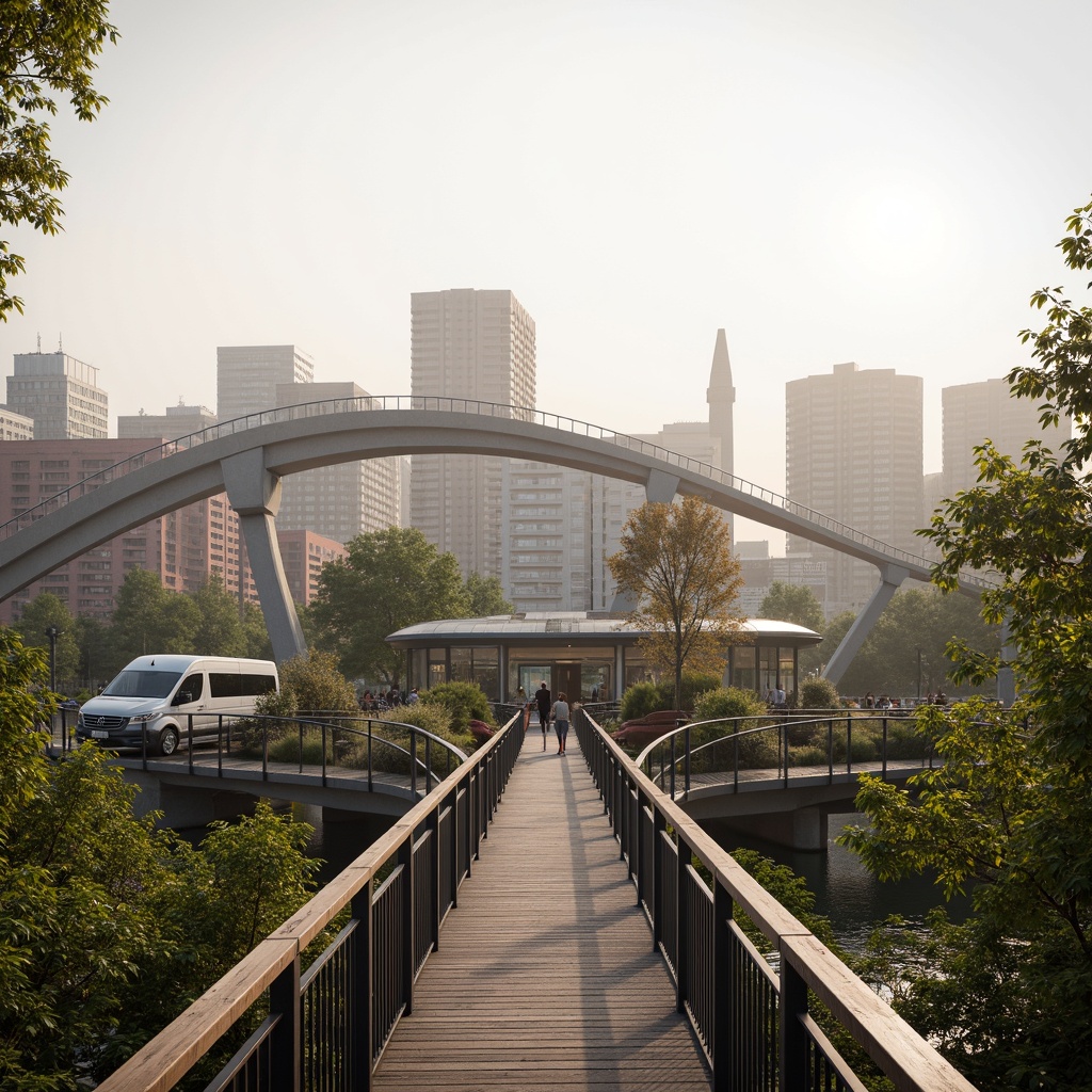 Prompt: Eco-friendly pedestrian bridge, curved steel structure, recycled metal materials, green roofs, integrated solar panels, energy-harvesting walkways, LED lighting systems, minimalist design, sleek railings, natural wood accents, scenic city views, urban skyline, misty morning atmosphere, soft warm lighting, shallow depth of field, 3/4 composition, panoramic view, realistic textures, ambient occlusion.