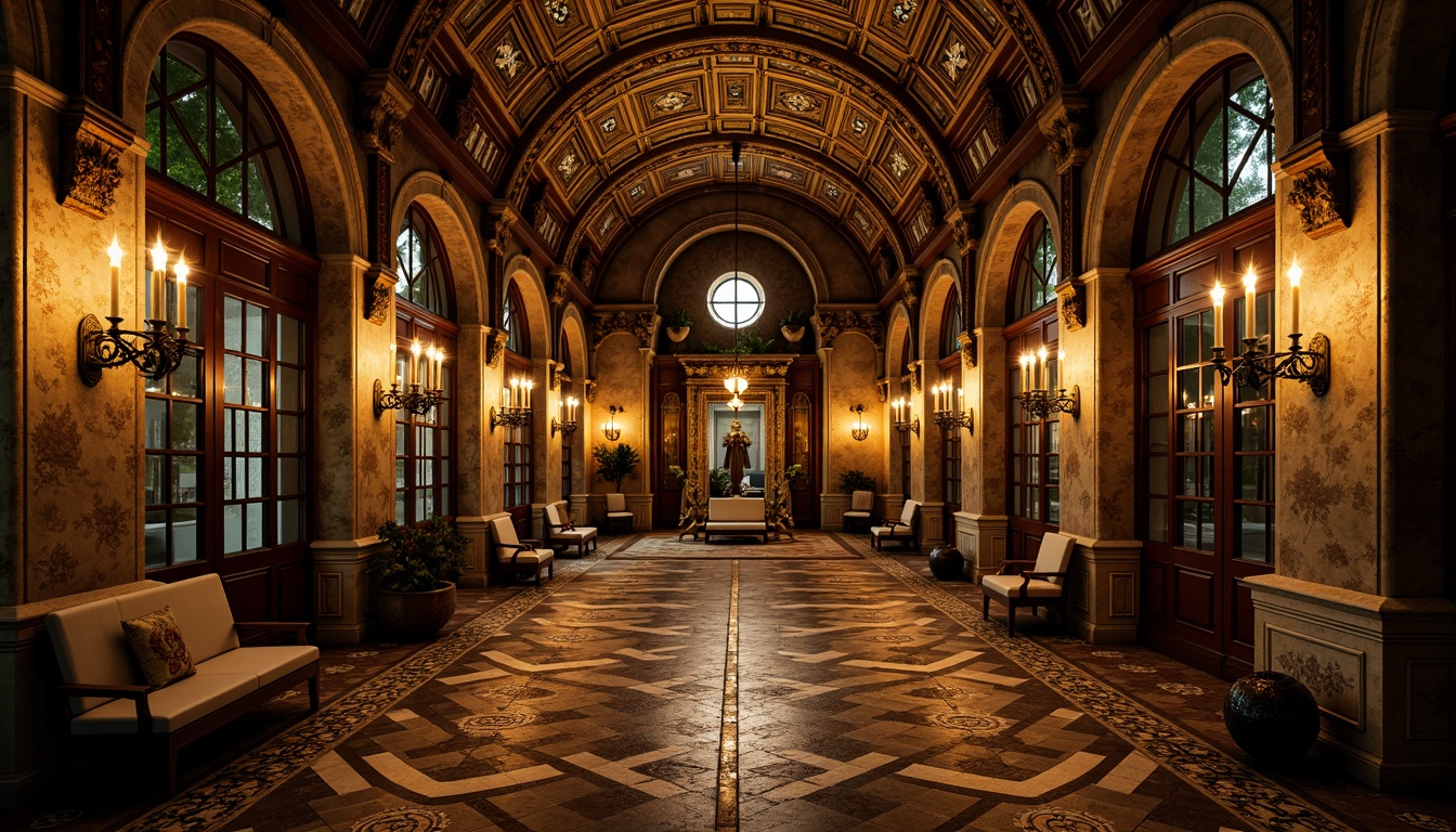 Prompt: Intricate archways, ornate carvings, golden mosaics, vaulted ceilings, grand entrances, imposing columns, rustic stone walls, ornamental capitals, richly patterned floors, lavish decorations, warm candle lighting, dramatic shadows, mysterious ambiance, 1/1 composition, symmetrical framing, high contrast ratio, detailed textures, ambient occlusion.