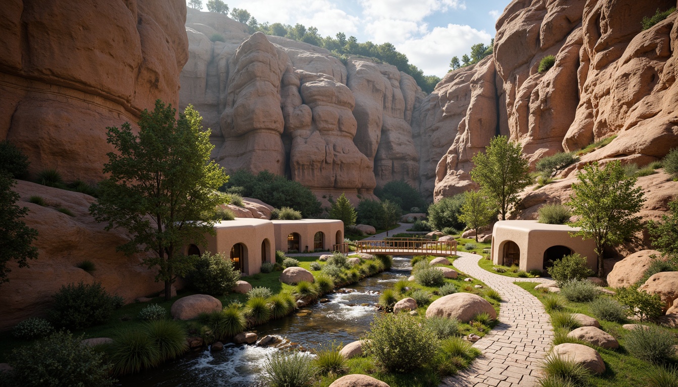 Prompt: Rustic canyon landscape, natural rock formations, serene waterfalls, lush green vegetation, wooden bridges, winding stone pathways, adobe-inspired buildings, earthy color palette, curved lines, organic architecture, cantilevered structures, panoramic views, warm sunlight, soft shadows, atmospheric perspective, 1/2 composition, realistic textures, ambient occlusion.