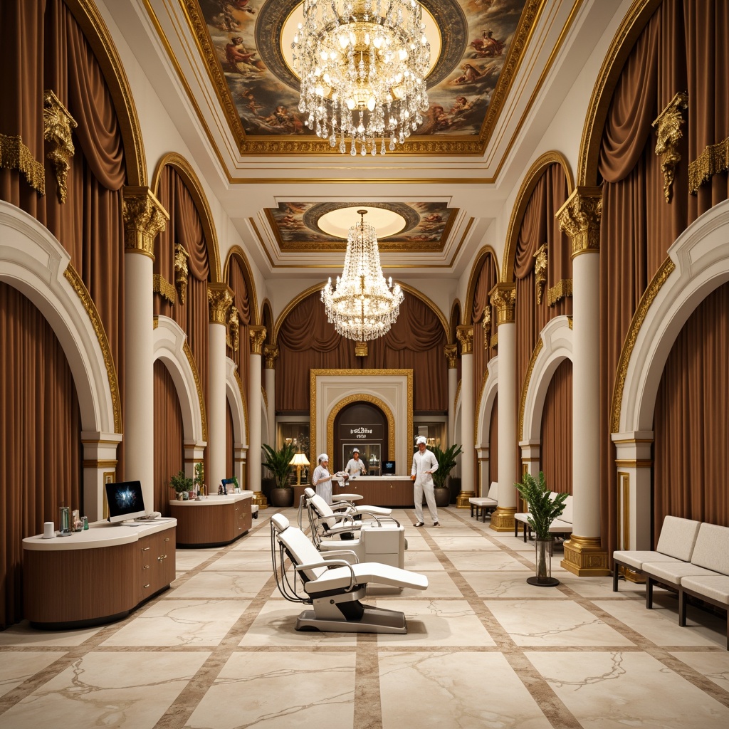 Prompt: Opulent dental clinic, grandiose columns, ornate gold accents, luxurious marble floors, intricate fresco ceilings, dramatic chandeliers, lavish velvet drapes, majestic archways, ornamental moldings, rich wood paneling, stately foyers, imposing entrance doors, sleek modern dental equipment, sophisticated lighting fixtures, warm beige color scheme, softbox lighting, shallow depth of field, 1/1 composition, symmetrical framing, highly detailed textures, ambient occlusion.