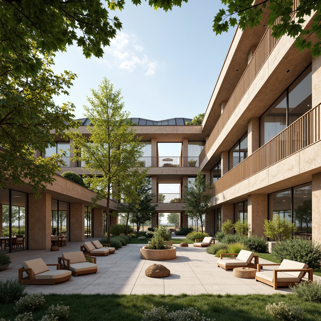 Prompt: Eco-friendly office building, large windows, natural stone walls, green roofs, solar panels, skylights, clerestory windows, open floor plan, minimal artificial lighting, bright airy atmosphere, warm sunny day, soft diffused light, 1/1 composition, shallow depth of field, realistic textures, ambient occlusion.