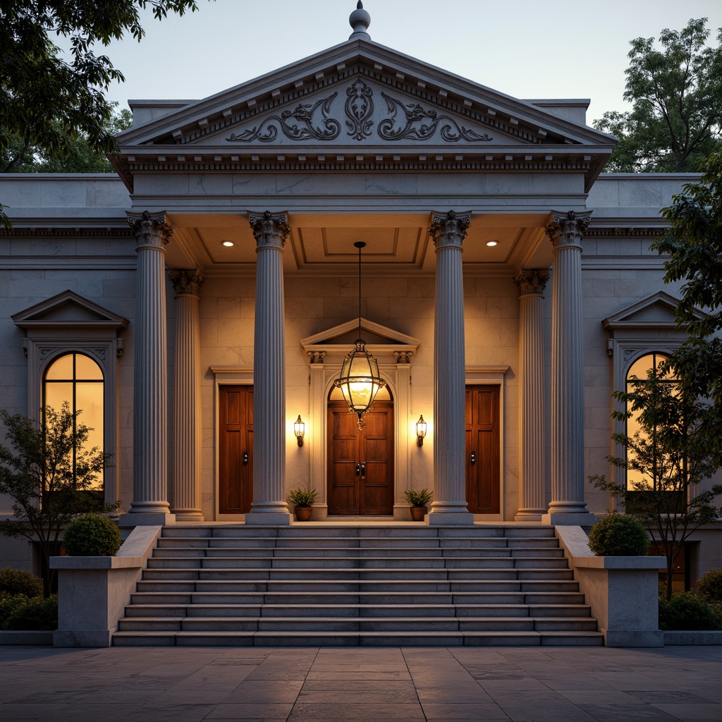 Prompt: Neoclassical academic building facade, ornate details, Ionic columns, arched windows, rusticated stone walls, symmetrical composition, grand entrance, imposing staircase, cinematic lighting, warm golden hour, shallow depth of field, 1/1 composition, realistic textures, ambient occlusion, subtle color grading, soft focus effect.