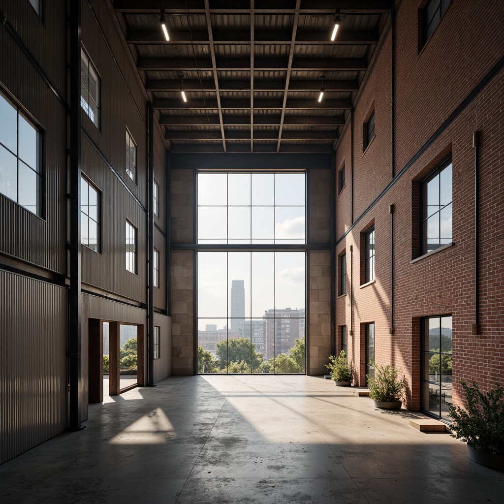 Prompt: Industrial warehouse, exposed brick walls, corrugated metal cladding, minimalist windows, functional drainage systems, modern industrial chic, steel beams, polished concrete floors, reclaimed wood accents, urban landscape, cityscape views, atmospheric mist, soft warm lighting, shallow depth of field, 1/1 composition, realistic textures, ambient occlusion, avant-garde architecture, innovative materials, parametric design, futuristic aesthetics.