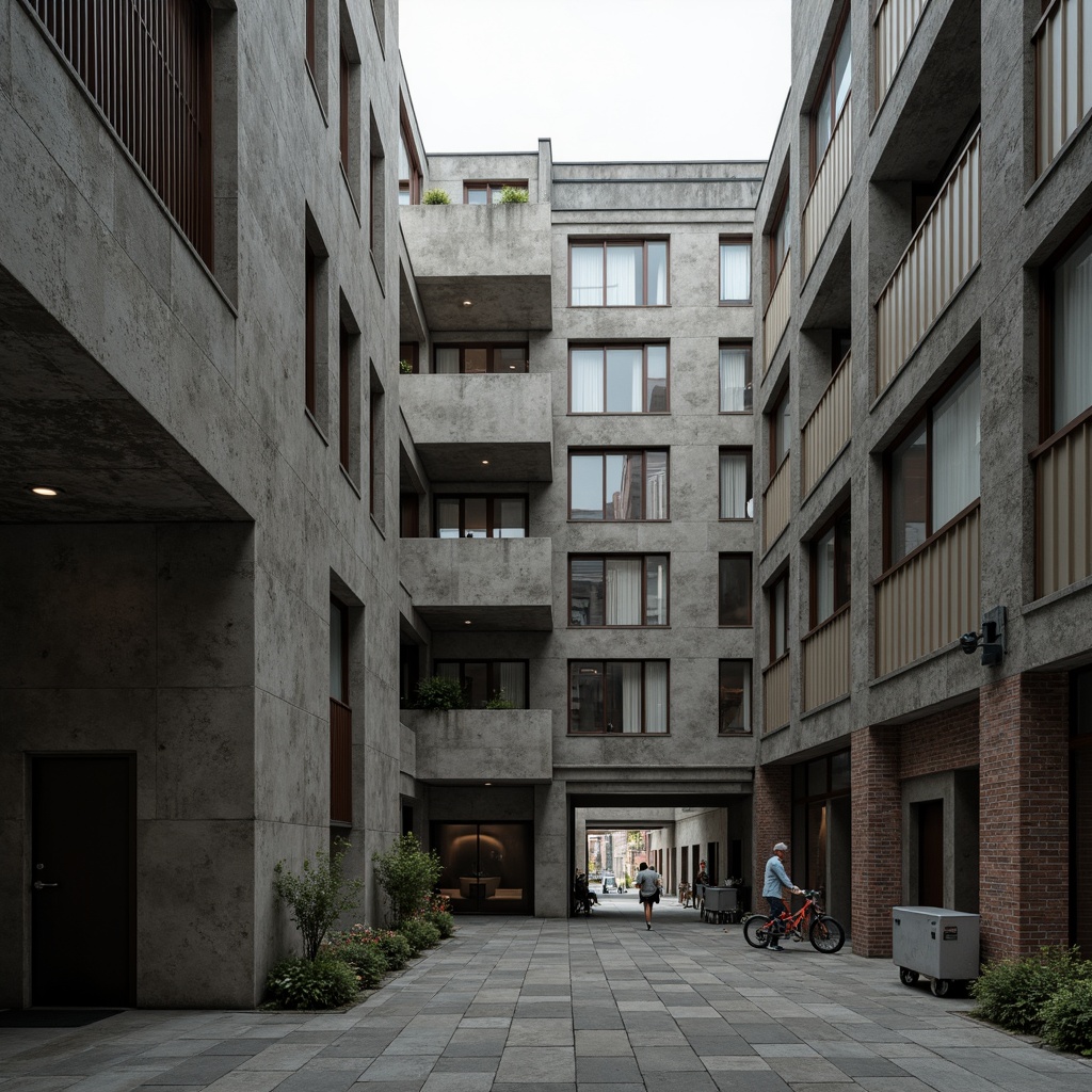 Prompt: Rugged concrete walls, rough-hewn stone facades, weathered metal cladding, brutalist fortress-like buildings, industrial-style windows, minimalist ornamentation, exposed ductwork, raw concrete floors, distressed wood accents, industrial-grade steel beams, bold geometric forms, monumental scale, dramatic shadows, high-contrast lighting, cinematic atmosphere, urban cityscape, overcast sky, muted color palette, textured renderings, detailed normal maps.