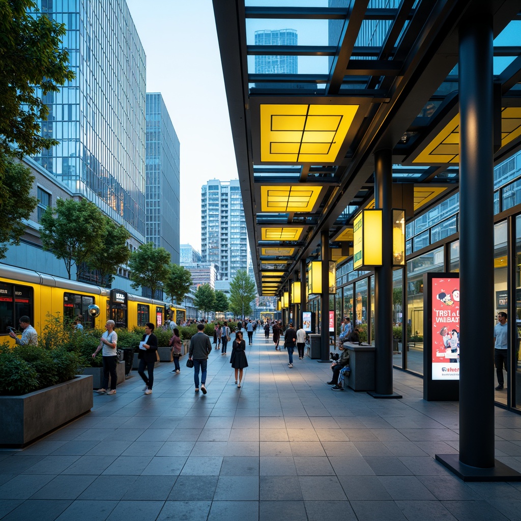 Prompt: Vibrant urban bus station, modern architectural design, sleek metal framework, glass roofs, industrial-style lighting fixtures, bold color scheme, bright yellow accents, deep blue hues, neutral gray tones, dynamic LED displays, digital signage, urban landscape, morning commute, rush hour atmosphere, soft natural light, shallow depth of field, 3/4 composition, realistic textures, ambient occlusion.