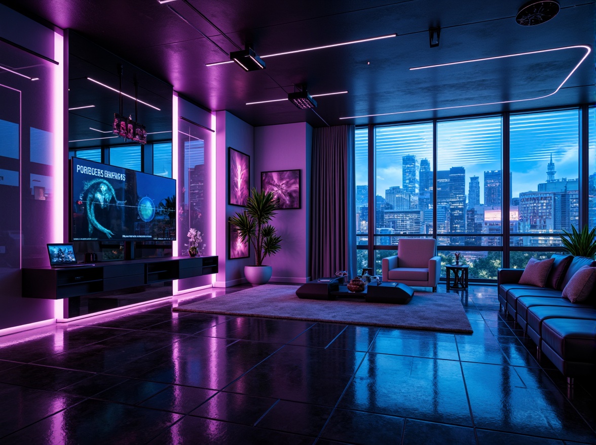 Prompt: Futuristic apartment, neon-lit cityscape, metallic accents, holographic displays, sleek glass surfaces, iridescent colors, gradient effects, cyberpunk-inspired decor, glowing blue lines, pulsing purple hues, rich black tones, high-tech gadgets, minimalist furniture, abstract geometric patterns, LED light installations, immersive virtual reality experiences, atmospheric fog effects, cinematic lighting, 3/4 composition, shallow depth of field, panoramic view.