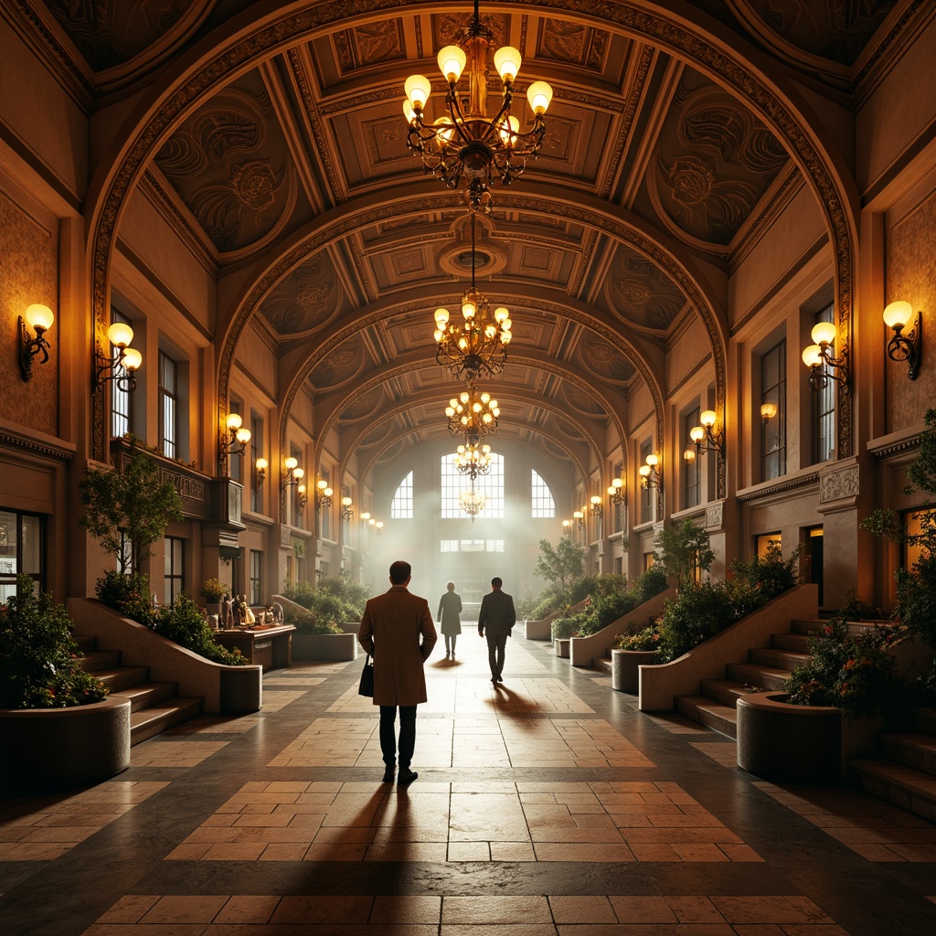 Prompt: Grandiose train station, ornate chandeliers, warm golden lighting, elegant archways, vaulted ceilings, intricate moldings, marble floors, luxurious furnishings, grand staircases, majestic columns, symmetrical compositions, soft box lighting, subtle gradient effects, warm color palette, dramatic shadows, realistic reflections, atmospheric fog, 1/1 composition, low-angle shot, cinematic mood.