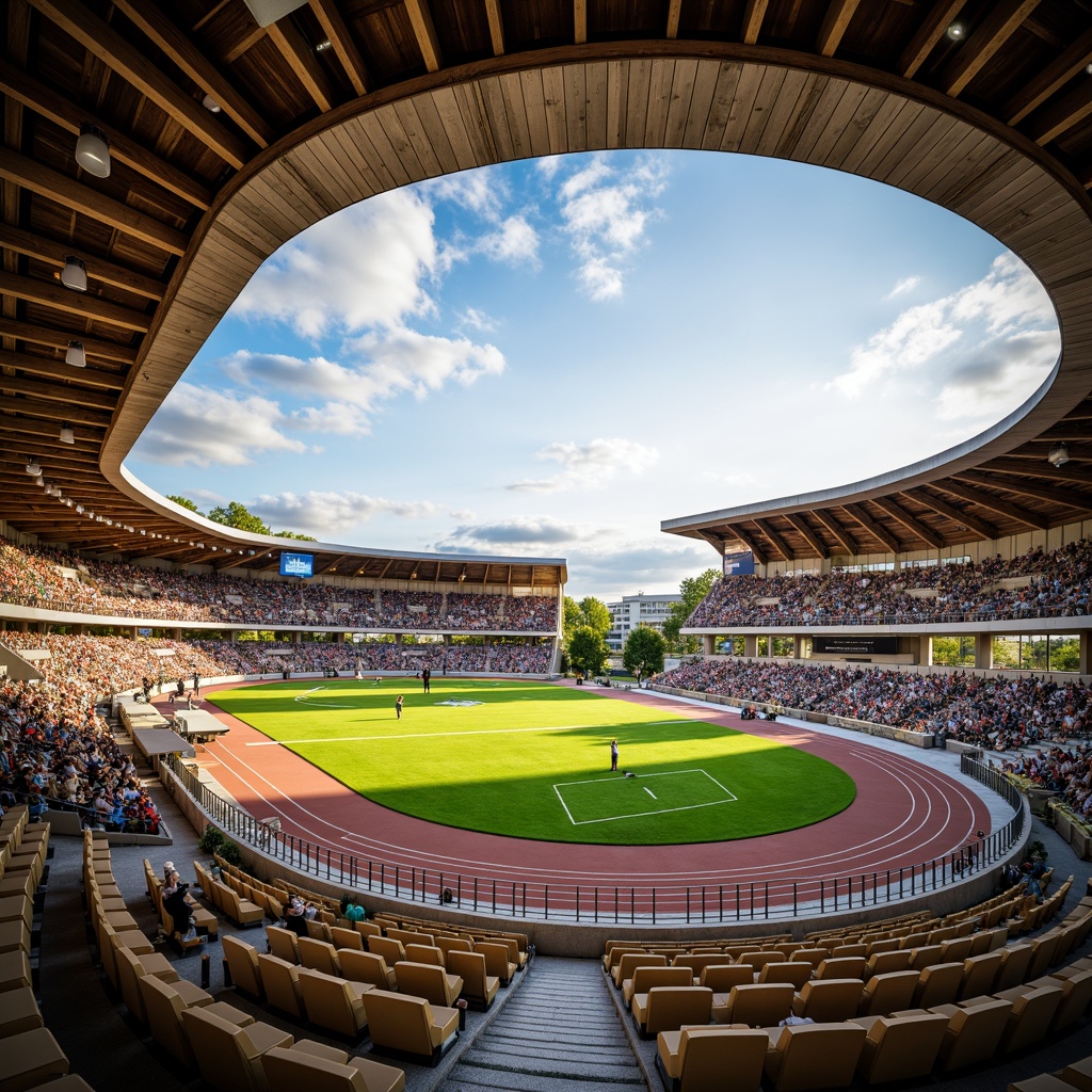 Prompt: Stadium interior, rustic stone walls, wooden accents, vibrant green turf, athletic track lines, sleek metal railings, modern architecture, retractable roofs, natural light pouring in, warm beige seating areas, dynamic crowd ambiance, dramatic floodlights, shallow depth of field, 1/2 composition, realistic textures, ambient occlusion.