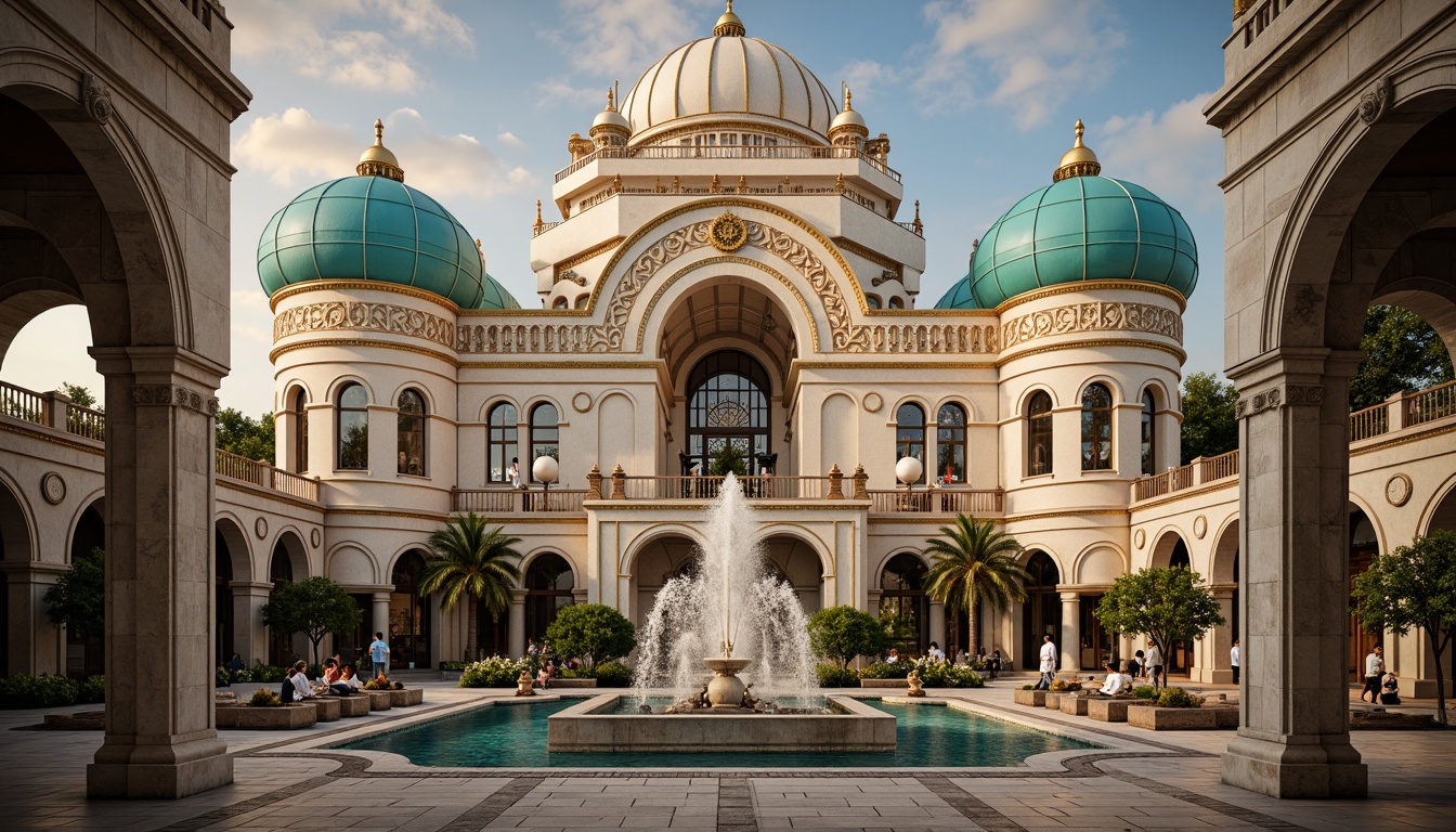 Prompt: Grandiose monument, intricate stone carvings, ornate sculptures, lavish fountains, sweeping arches, imposing columns, vibrant turquoise domes, gilded accents, elaborate mosaics, dramatic lighting effects, warm golden hour, high contrast, shallow depth of field, 1/2 composition, symmetrical framing, rich textures, ambient occlusion.