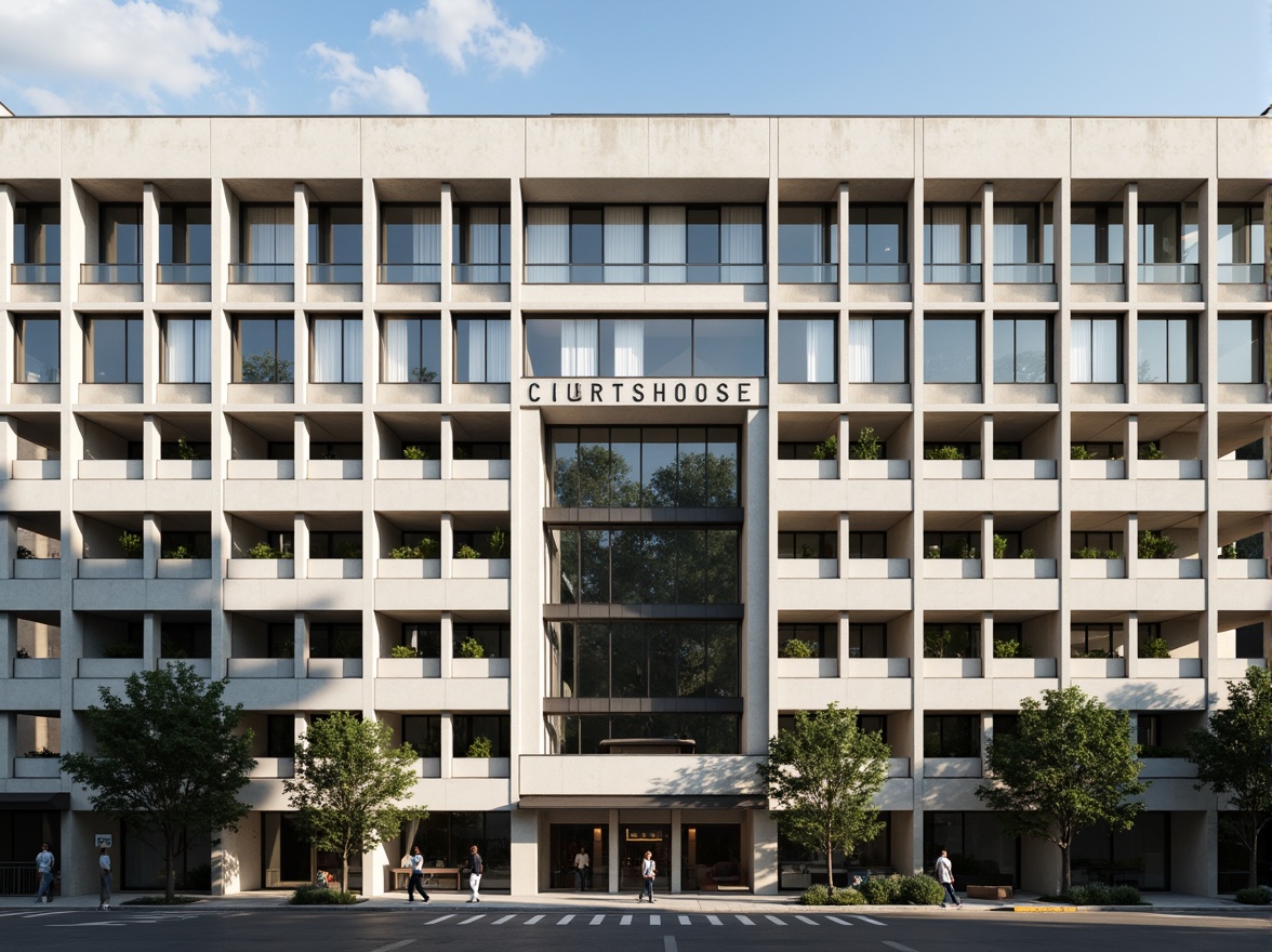 Prompt: Courthouse building, Bauhaus style, symmetrical facade, geometric patterns, rectangular windows, industrial materials, exposed concrete walls, steel beams, minimalist ornamentation, bold typography, functional simplicity, urban context, morning light, high-contrast shadows, 1/2 composition, sharp lines, brutalist architecture, monumental scale, civic monumentality.