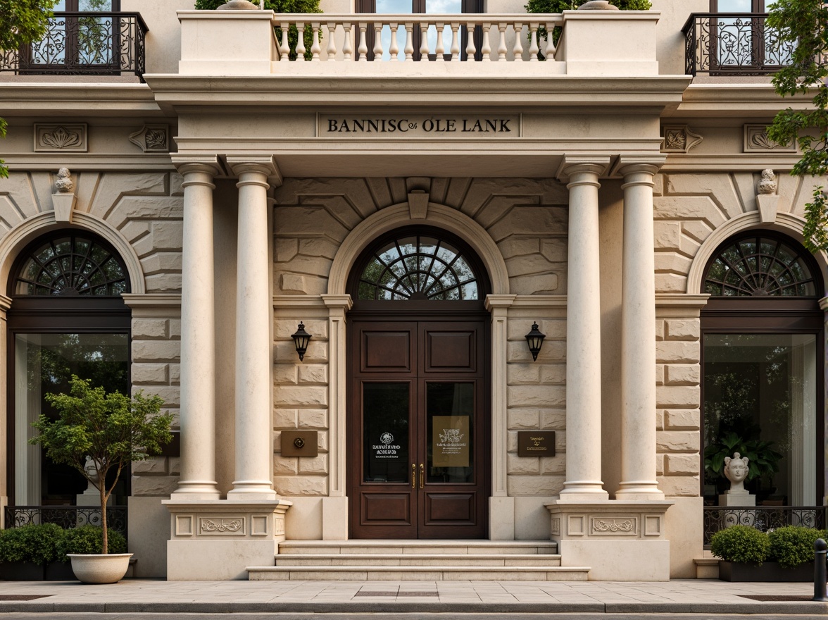 Prompt: Grandiose bank building, neoclassical facade treatment, ornate columns, symmetrical composition, rusticated base, arched windows, balconies with intricate ironwork, granite stone walls, majestic entrance, bronze door handles, elegant cornice, subtle molding details, creamy white marble accents, soft warm lighting, shallow depth of field, 2/3 composition, realistic textures, ambient occlusion.