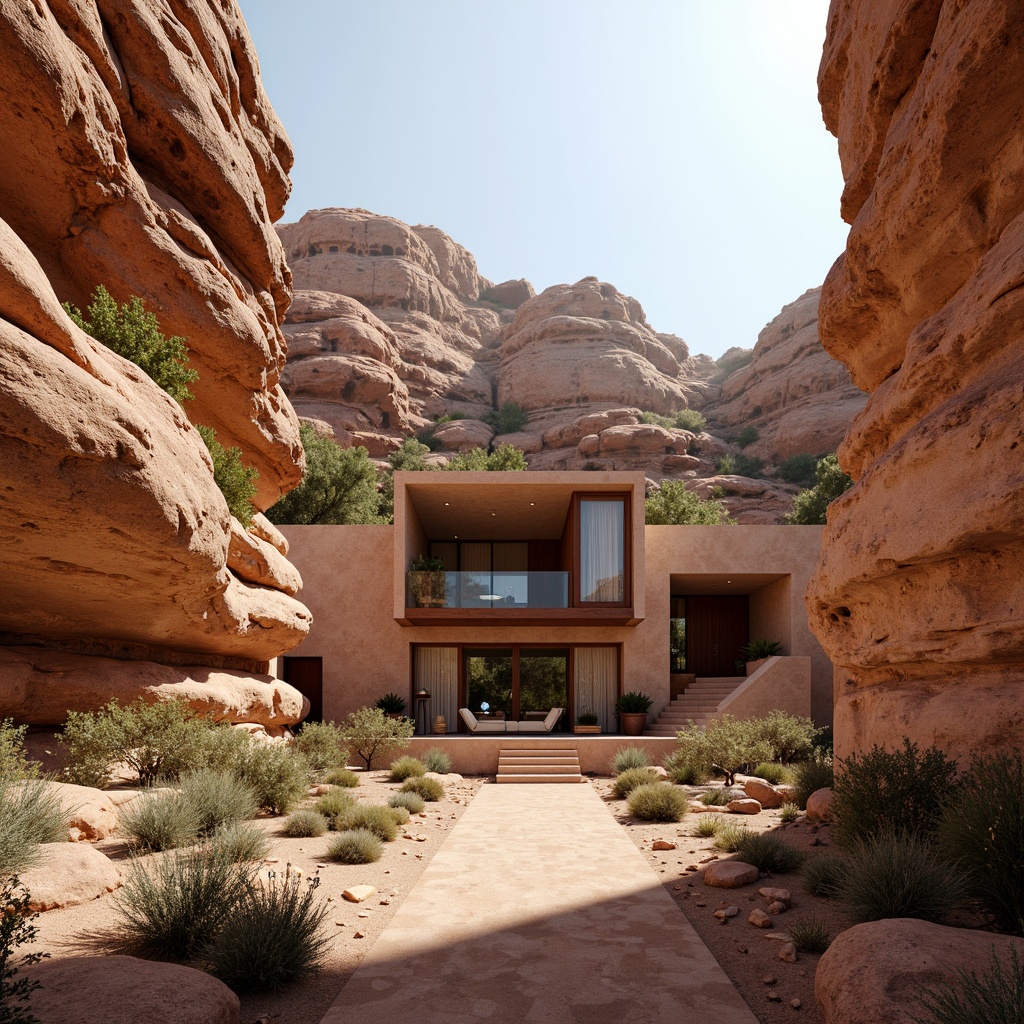 Prompt: Rugged canyon landscape, layered rock formations, sandy trails, majestic cliff views, modern canyon-inspired facade design, earthy tones, natural stone cladding, wooden accents, cantilevered overhangs, floor-to-ceiling windows, sliding glass doors, minimalist decor, ambient lighting, warm color palette, organic shapes, curved lines, desert flora, cacti plants, sunny day, high contrast shadows, dramatic depth of field, 2/3 composition, cinematic view, realistic textures, advanced normal mapping.