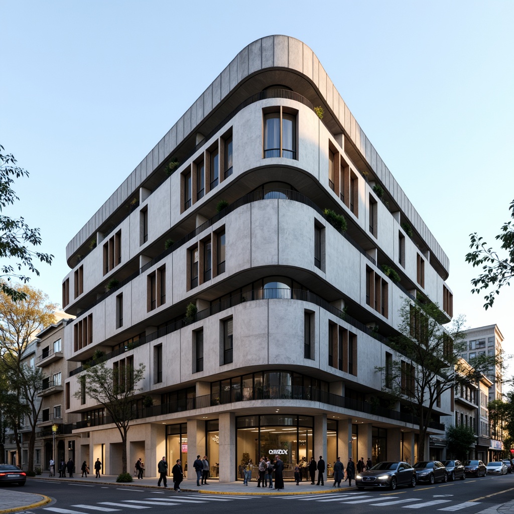 Prompt: Geometric courthouse facade, asymmetrical composition, rectangular volumes, cantilevered upper floors, rhythmic window patterns, industrial materials, exposed concrete, steel frames, minimalist ornamentation, functional simplicity, urban landscape, busy city streets, pedestrian traffic, morning sunlight, dramatic shadows, high-contrast lighting, 1/2 composition, realistic textures, ambient occlusion.