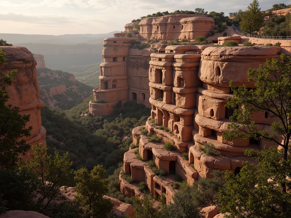 Prompt: Rugged canyon terrain, layered rock formations, majestic cliffside architecture, cantilevered structures, rust-colored stone walls, curved lines, organic shapes, harmonious integration with natural surroundings, lush greenery, native flora, winding paths, scenic viewpoints, panoramic vistas, warm golden lighting, dramatic shadows, 3/4 composition, atmospheric perspective, realistic rock textures, ambient occlusion.