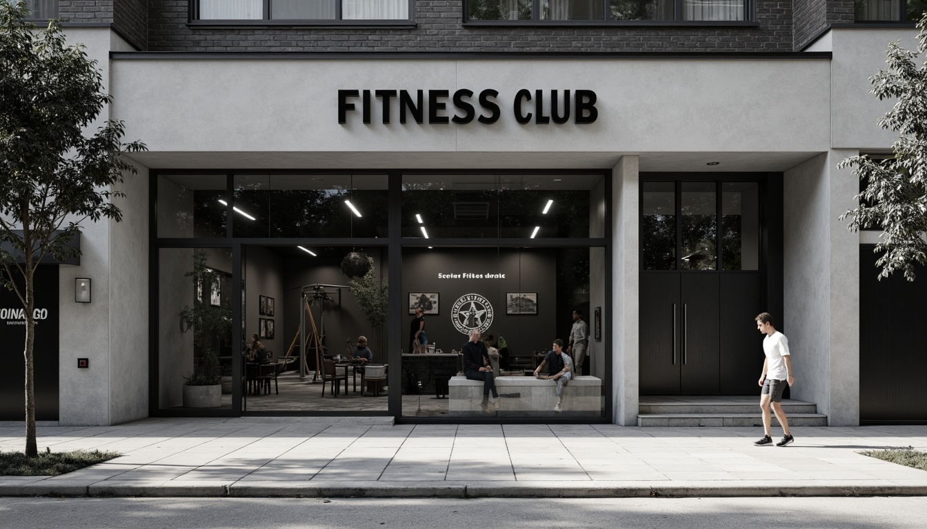 Prompt: Monochromatic fitness club facade, clean lines, minimal ornamentation, large glass windows, industrial metal frames, neutral color palette, urban cityscape, morning sunlight, subtle shading, shallow depth of field, 1/1 composition, realistic textures, ambient occlusion, modern LED signage, sleek entranceways, simple typography, concrete flooring, metallic accents, geometric patterns, airy interior spaces.