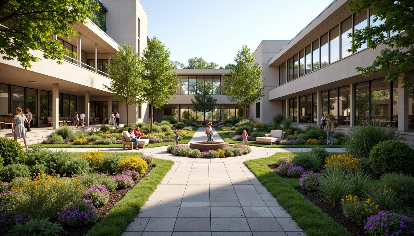 Prompt: Soothing hospital courtyard, lush greenery, vibrant flowers, meandering walkways, tranquil water features, natural stone seating areas, modern hospital architecture, large windows, glass roofs, abundant natural light, warm interior ambiance, shallow depth of field, 3/4 composition, panoramic view, realistic textures, ambient occlusion, therapeutic gardens, wheelchair accessible paths, sensory stimulation zones, fragrant herb gardens, calming soundscapes.