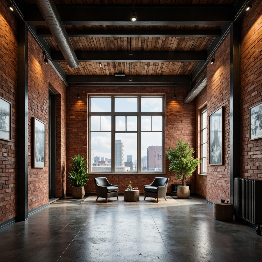 Prompt: Exposed brick walls, industrial metal beams, reclaimed wood accents, polished concrete floors, modern warehouse windows, minimalist decor, urban cityscape views, cloudy grey skies, warm golden lighting, shallow depth of field, 1/2 composition, realistic textures, ambient occlusion, earthy tone color palette, muted blue hues, rusty orange tones, deep charcoal greys, creamy whites, distressed finishes, vintage industrial elements, functional decor.