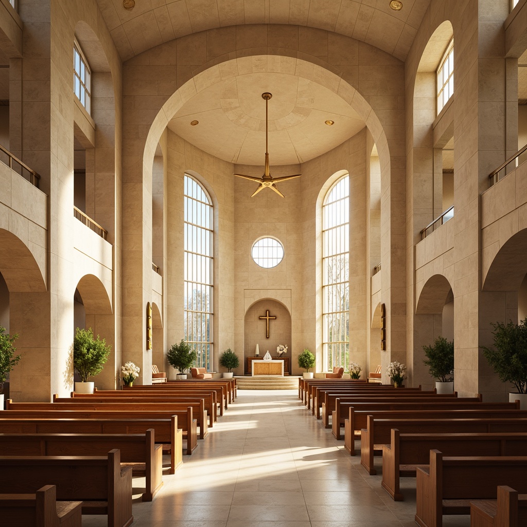 Prompt: \Sacred religious architecture, neutral beige stone walls, warm golden lighting, rich wood accents, stained glass windows, subtle spiritual symbols, minimalist decor, peaceful ambiance, soft natural textures, calming color palette, creamy whites, pale blues, muted greens, earthy tones, soft shadows, gentle highlights, 1/1 composition, symmetrical framing, shallow depth of field, serene atmosphere.\