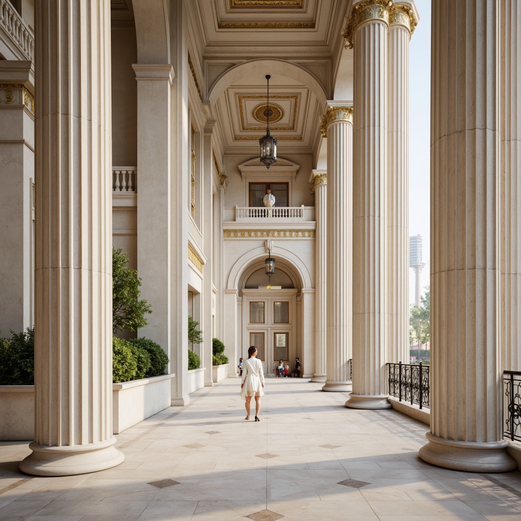 Prompt: Elegant neoclassical architecture, creamy whites, soft grays, warm beiges, rich gold accents, subtle earth tones, ornate details, fluted columns, carved marble, intricate moldings, symmetrical compositions, classical proportions, subtle texture contrasts, ambient warm lighting, shallow depth of field, 1/1 composition, realistic renderings.