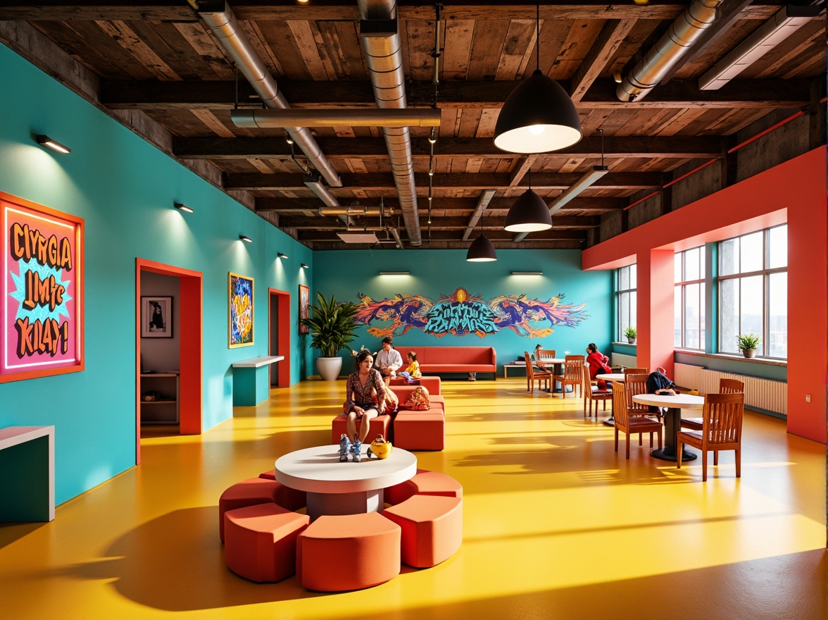 Prompt: Vibrant youth center, playful atmosphere, bright coral walls, energetic turquoise accents, warm yellow floors, lively orange furniture, modern minimalist decor, industrial metal beams, reclaimed wood textures, neon-lit signage, urban graffiti art, dynamic shapes, eclectic patterns, bold typography, youthful energy, natural light pouring in, shallow depth of field, 1/1 composition, realistic renderings, ambient occlusion.