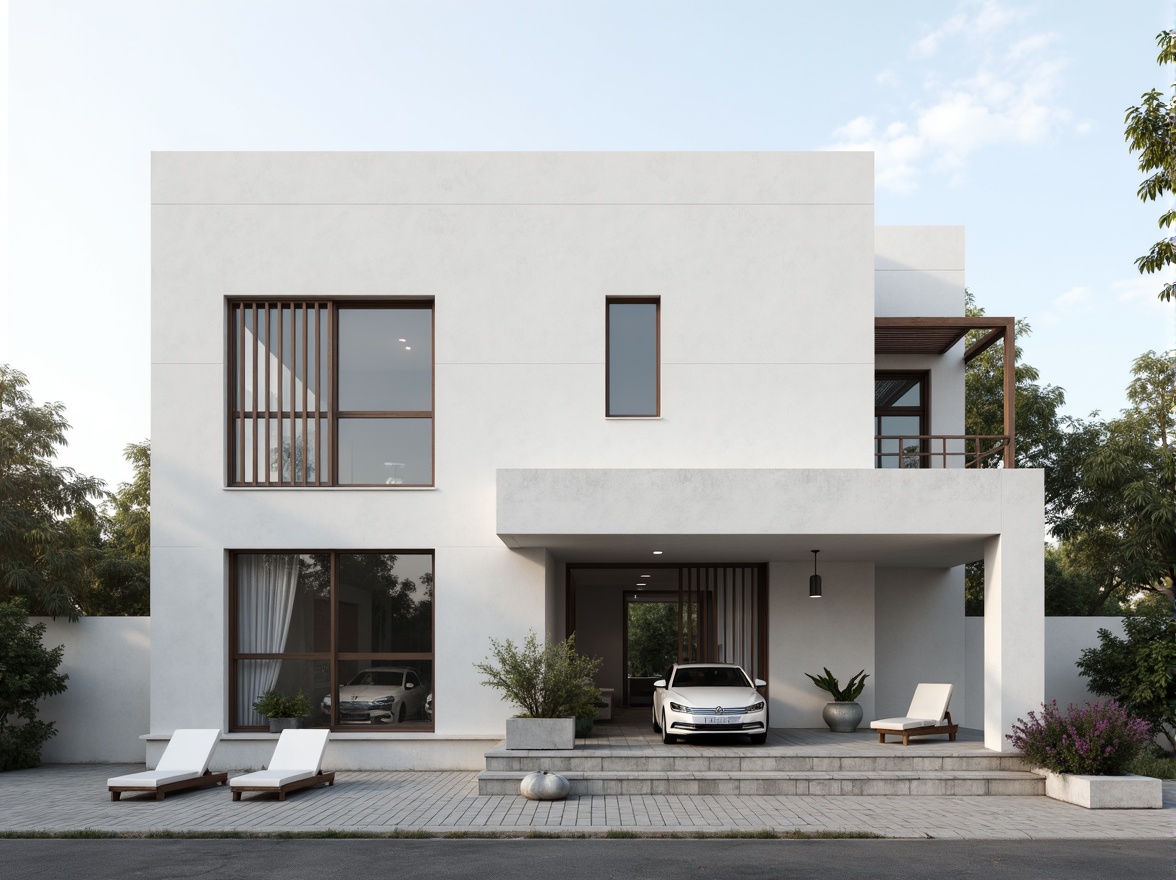 Prompt: Simple white facade, clean lines, minimal ornamentation, flat roof, large windows, sliding glass doors, industrial metal frames, raw concrete walls, subtle texture variations, monochromatic color scheme, natural stone accents, hidden LED lighting, soft shadows, shallow depth of field, 1/1 composition, realistic materials, ambient occlusion.