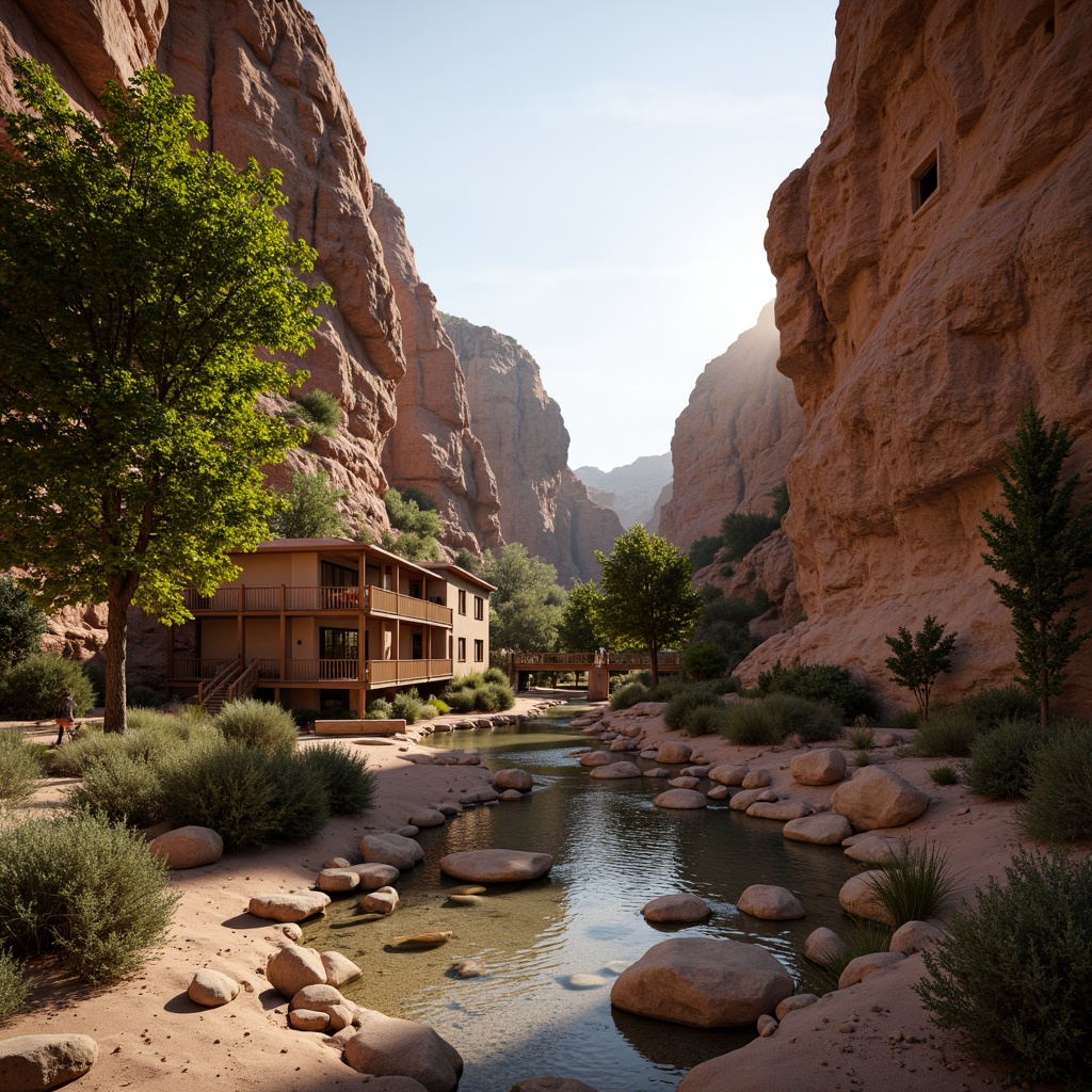 Prompt: Rugged canyon landscape, rocky formations, sandy riverbeds, lush green vegetation, ancient trees, rustic wooden bridges, natural stone walls, earthy tone buildings, curved lines, organic architecture, blending into surroundings, seamless integration, harmonious coexistence, warm sunset lighting, soft shadows, atmospheric perspective, 1/2 composition, realistic rock textures, ambient occlusion.