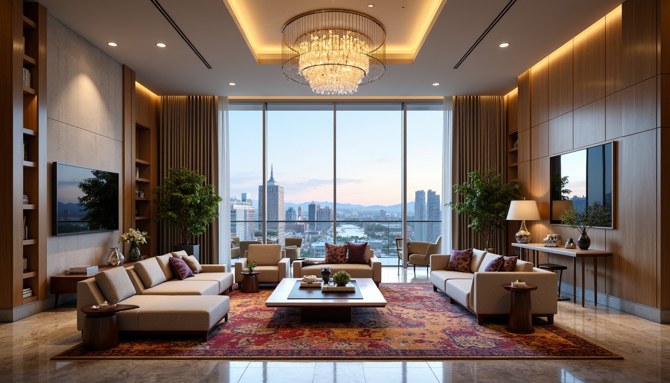 Prompt: Luxurious living room, high ceilings, grand chandeliers, marble flooring, sleek modern furniture, vibrant colorful textiles, intricate geometric patterns, floor-to-ceiling windows, breathtaking city views, sophisticated ambiance, warm soft lighting, 1/1 composition, realistic renderings, ambient occlusion, international style d\u00e9cor, elegant curves, minimalist ornamentation, premium materials, lavish interior design, opulent atmosphere.