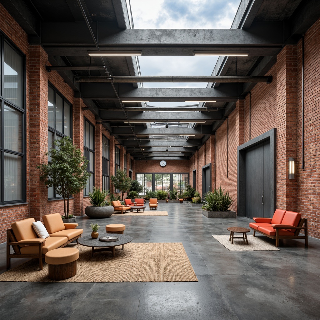 Prompt: Industrial warehouse, exposed brick walls, polished concrete floors, steel beams, minimalist decor, functional lighting, raw industrial materials, bold color accents, geometric shapes, modernist furniture, natural textiles, woven rugs, metallic tones, brutalist architecture, clean lines, rectangular forms, urban landscape, cloudy day, high contrast lighting, shallow depth of field, 1/1 composition, realistic textures, ambient occlusion.